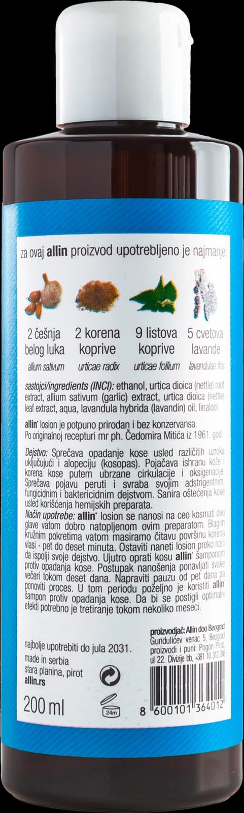 Losion koji jača koren dlake i podstiče rast zdrave kose — poleđina pakovanja sa deklaracijom i INCI sastavom